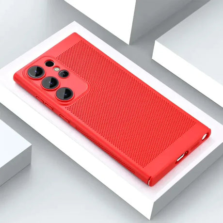 the red iphone case is shown on a white surface