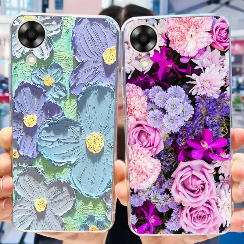 a person holding a phone case with flowers