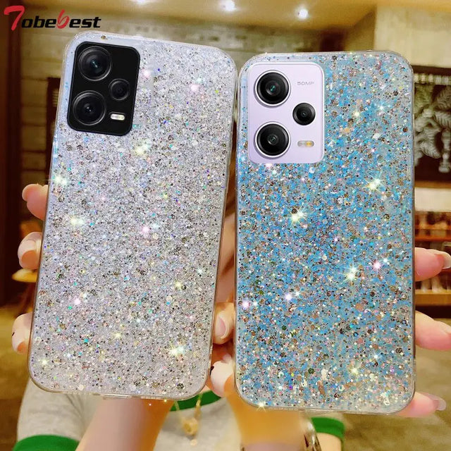 a pair of glitter phone cases