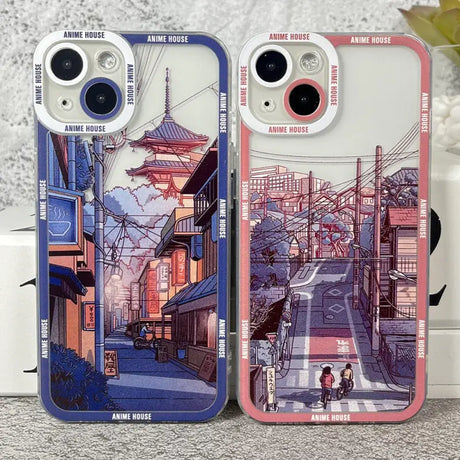 two cases with a street scene on them