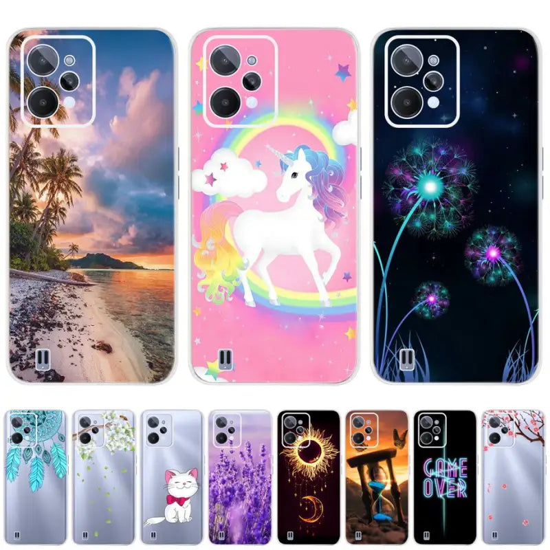 a set of six cases with unicorns and stars on them