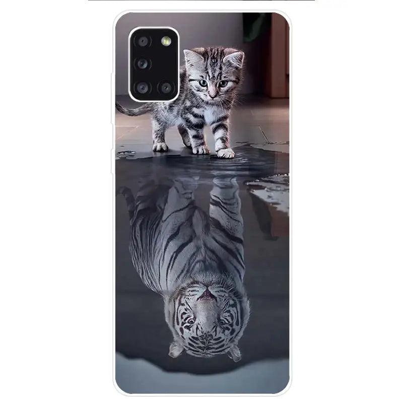 a cat is reflected in the water on a phone case