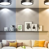 Ceiling-mounted light fixtures demonstrating different color temperatures.