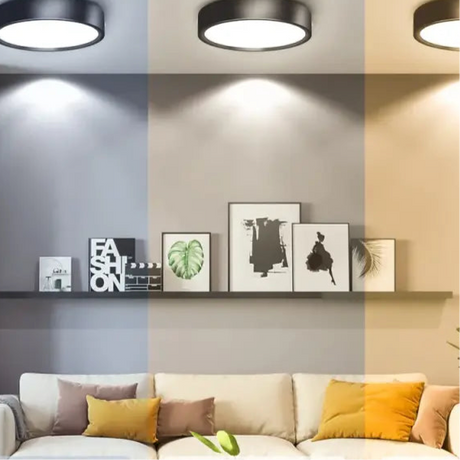 Ceiling-mounted light fixtures demonstrating different color temperatures.