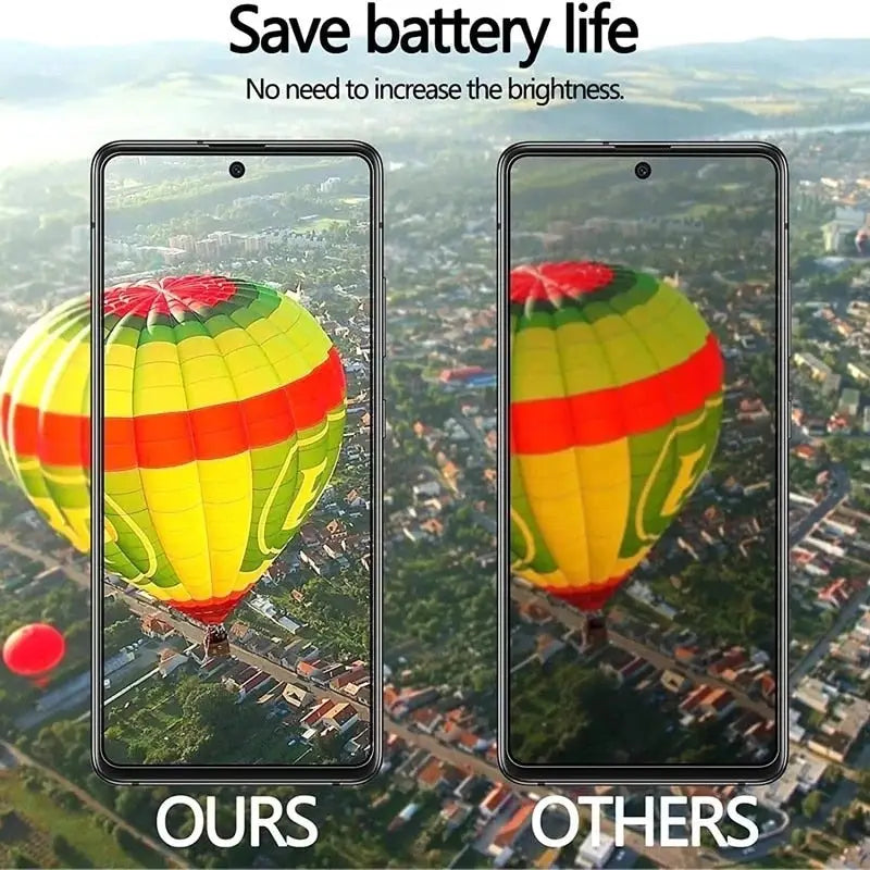 two phones with a picture of a hot air balloon and a city