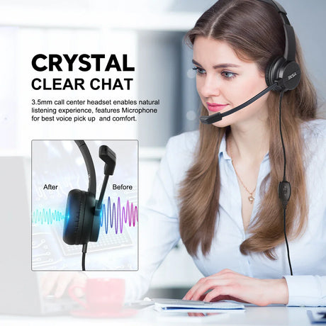 Call center headset with microphone for clear communication.