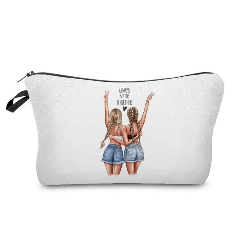 two girls with arms up and the words’always’on a white makeup bag