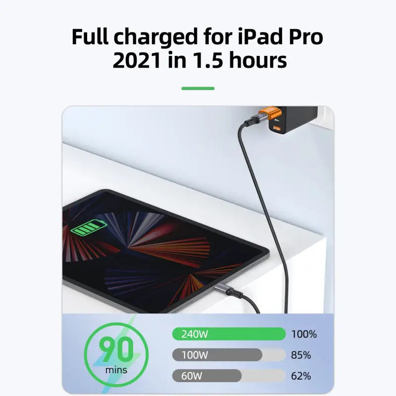 a tablet with a charging cable attached to it