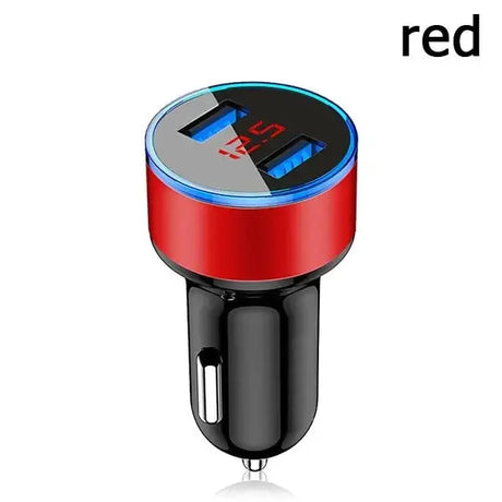 a close up of a red and blue car charger with a white background