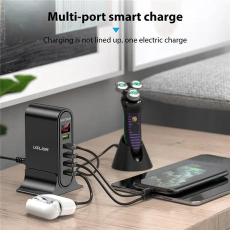 a charging station with a phone and a charger