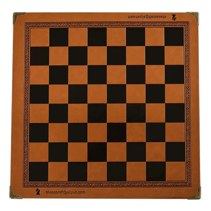 a wooden chess board with a black and brown checker