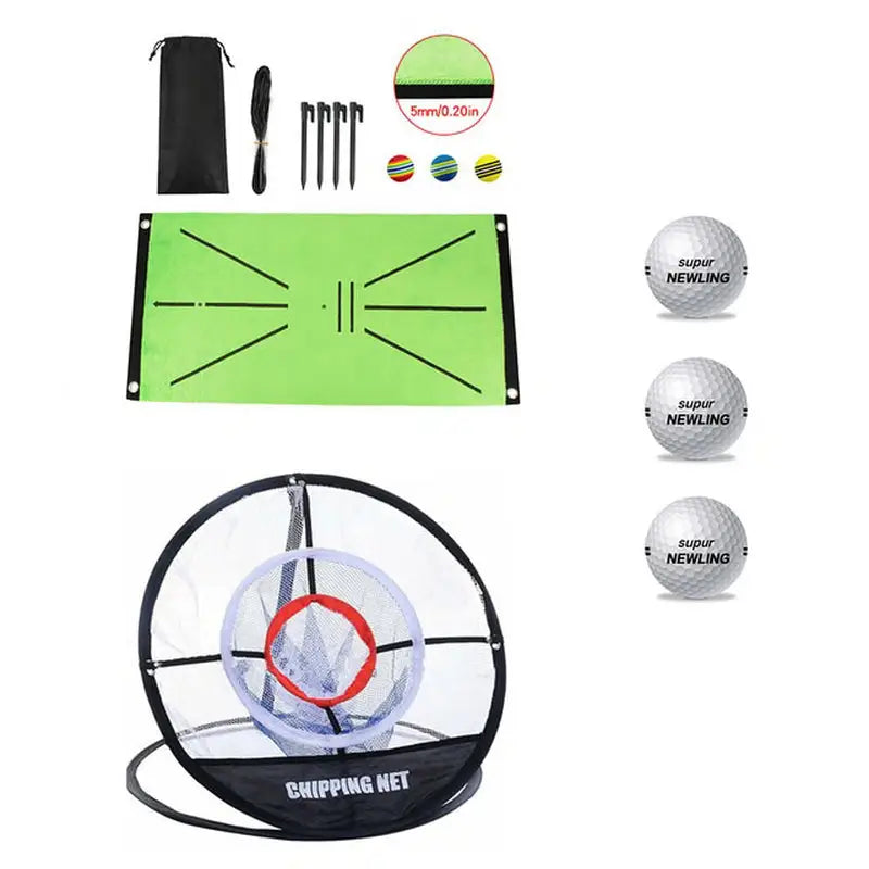the golf simulator with golf balls and a bag