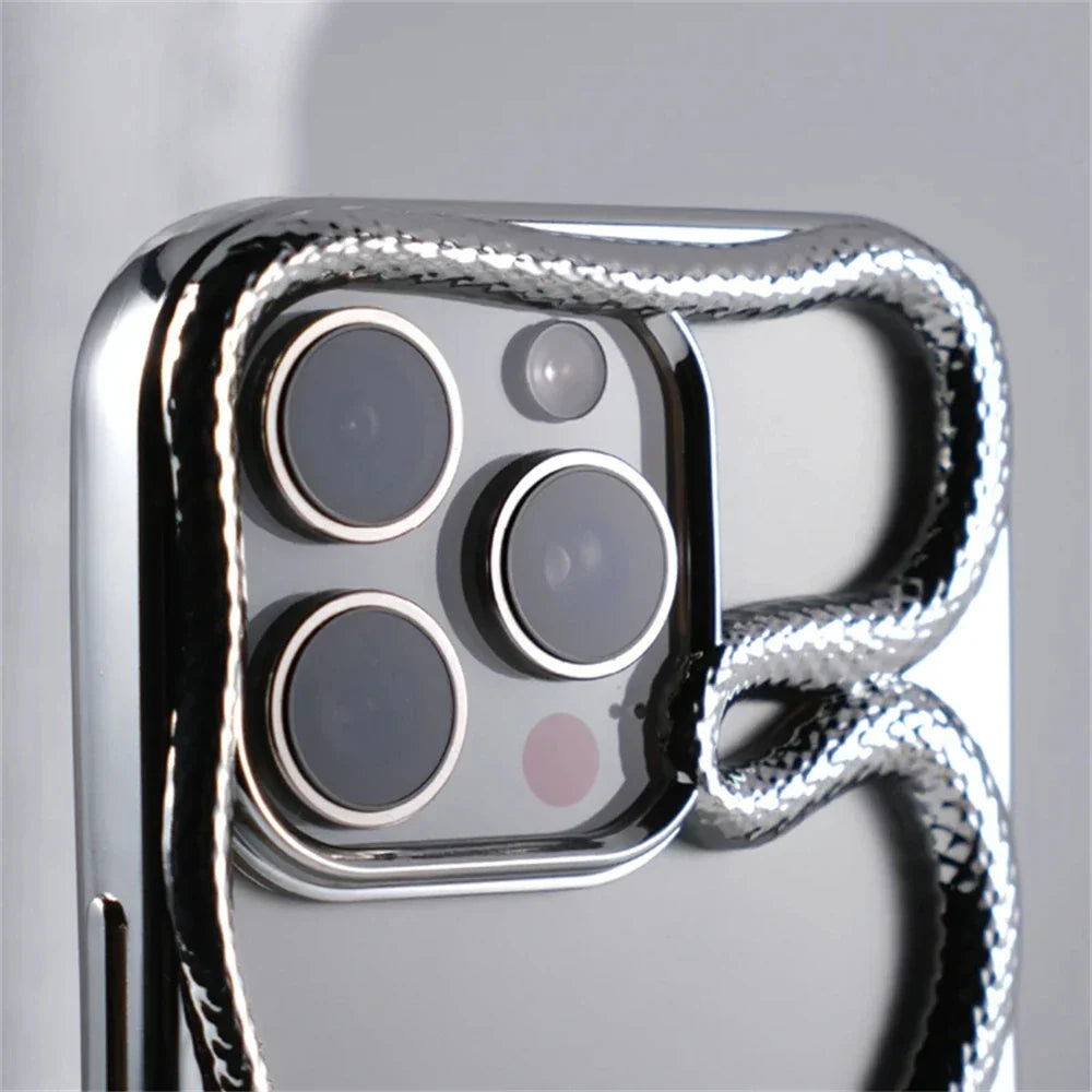 Chrome iPhone case with snake-like design.