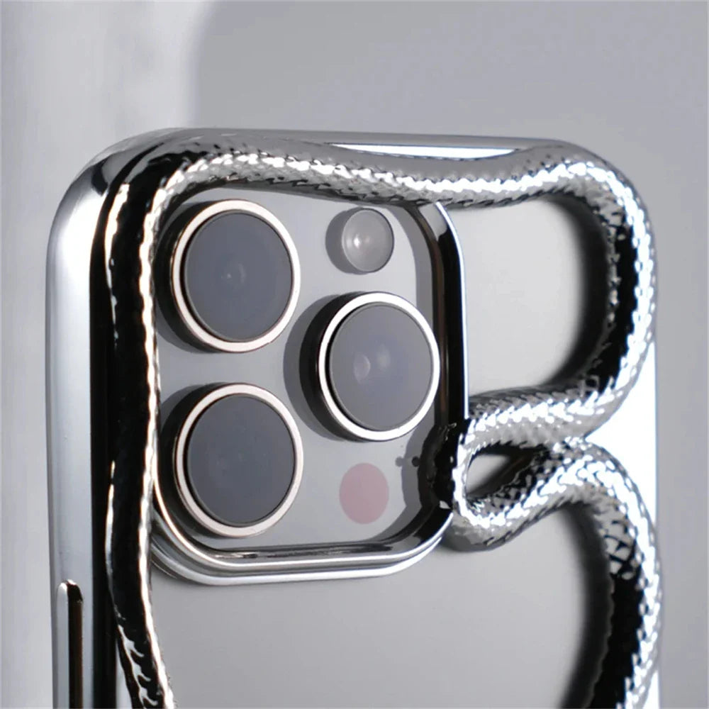 Chrome iPhone case with snake-like design.