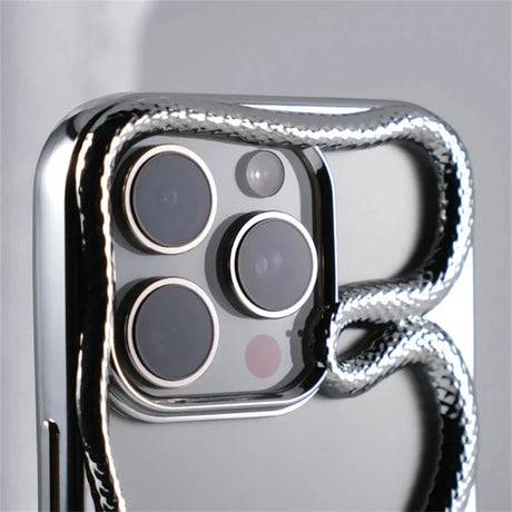 Chrome iPhone case with snake-like design.