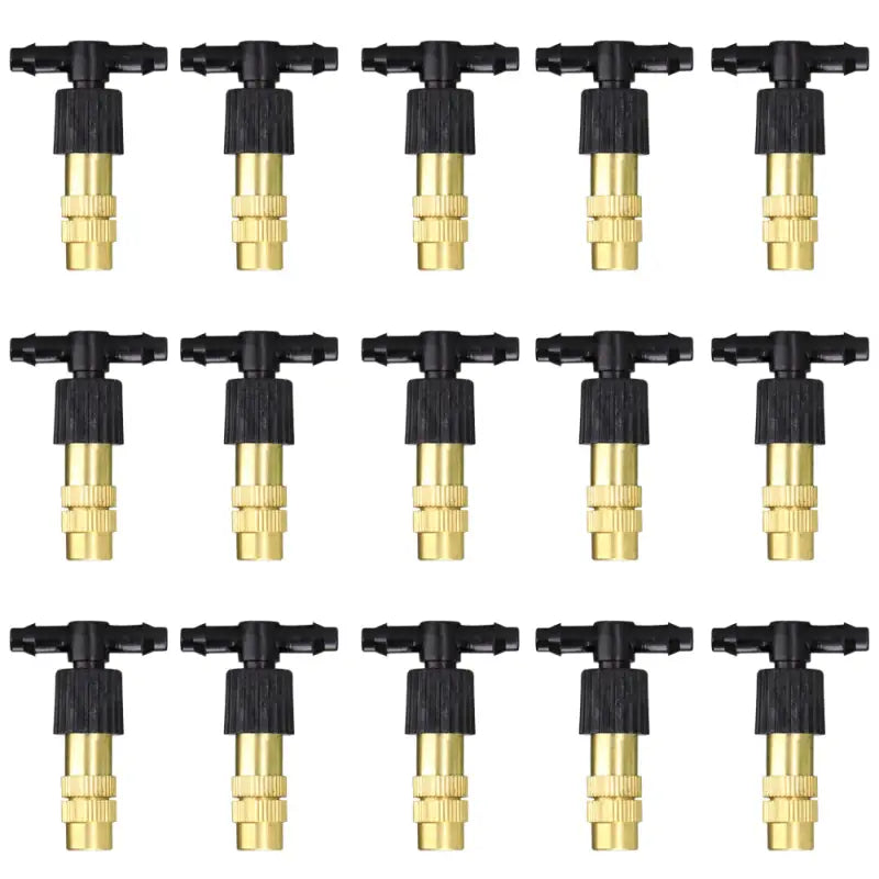 a set of six brass tone water valves with nozzles