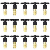 a set of six brass tone water valves with nozzles