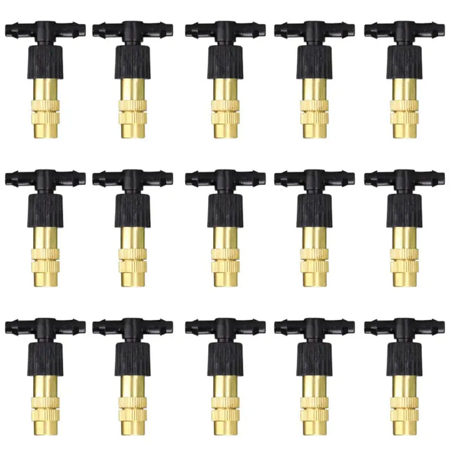 a set of six brass tone water valves with nozzles