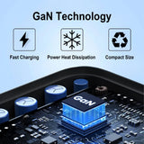 Circuit board featuring a glowing blue GaN (Gallium Nitride) chip surrounded by capacitors and other electronic components.