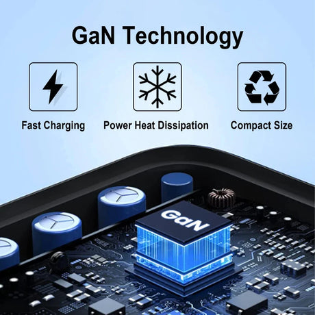 Circuit board featuring a glowing blue GaN (Gallium Nitride) chip surrounded by capacitors and other electronic components.