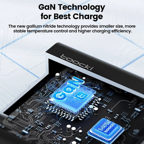 Circuit board featuring a glowing blue ’GaN’ chip, highlighting gallium nitride technology.