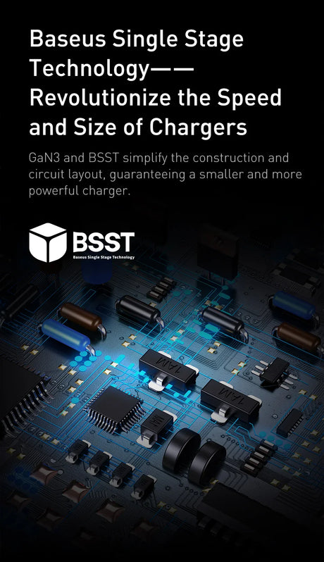 Circuit board with various electronic components and chargers showcasing Baseus Single Stage Technology.