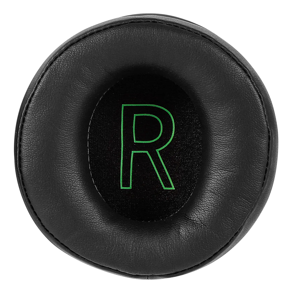 Circular black cushion or ear pad with a glowing green ’R’ in the center.