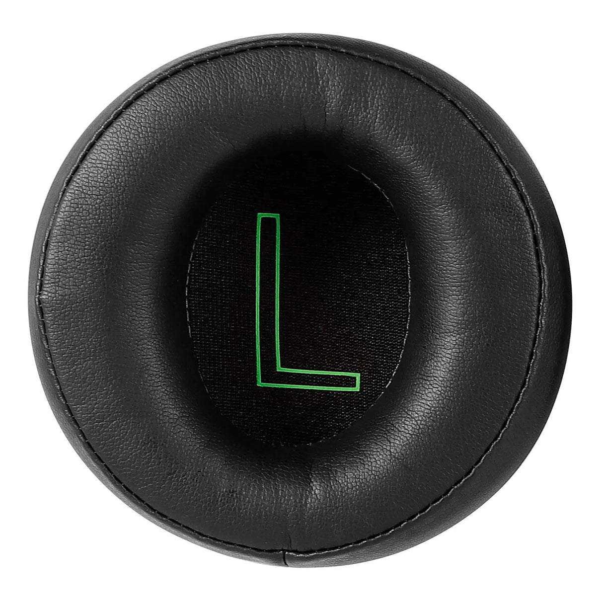 Circular black cushioned earpad with a green illuminated letter ’L’ in the center.