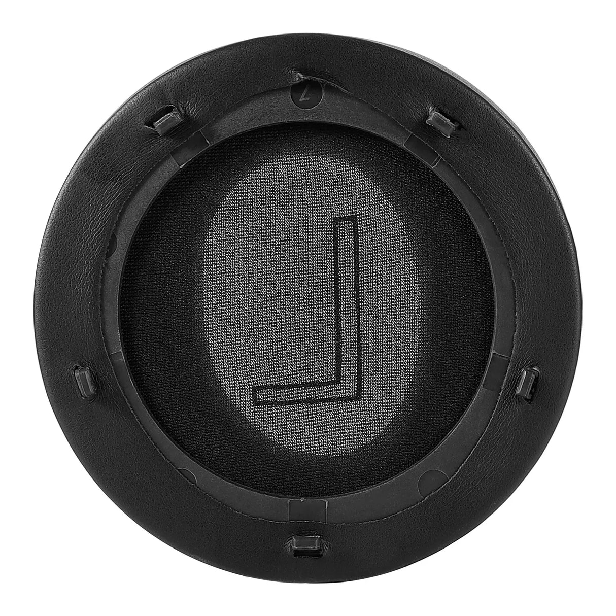 Circular black speaker grille with a visible ’J’ shape behind the mesh.