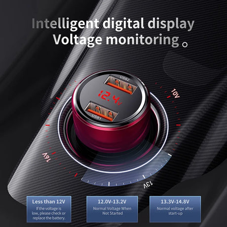 Circular car charger with a digital voltage display and red LED readout.