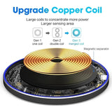 Circular copper coil on a black disc-shaped base with electronic components visible.