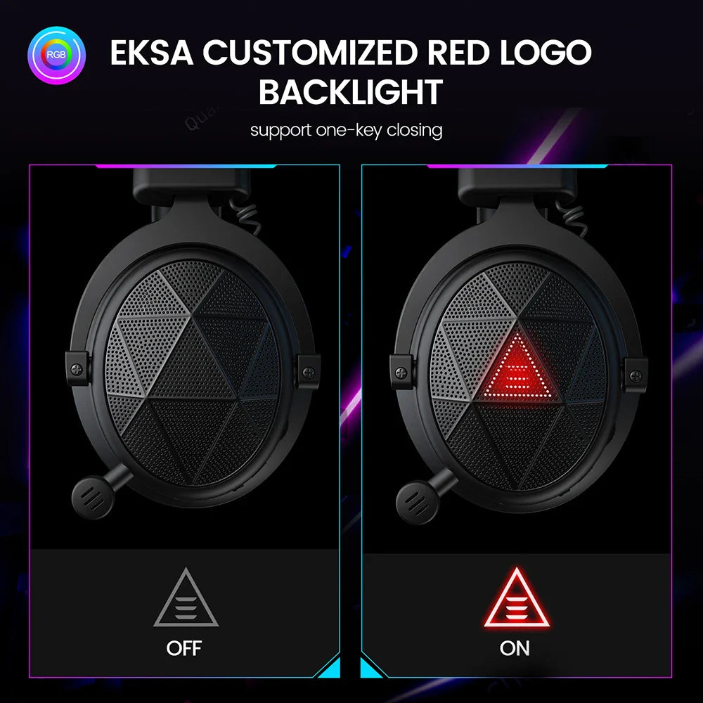 Circular gaming headset earcup with customizable red LED triangle logo.