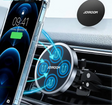 Circular magnetic wireless car phone charger with glowing blue indicators.