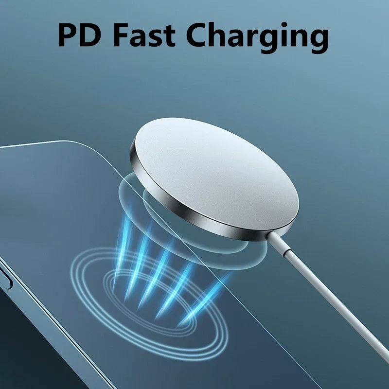 Circular magnetic wireless charger with blue energy visualization connecting to a smartphone.