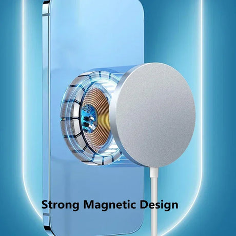 Circular magnetic wireless charger with a transparent core showing internal components.