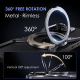 Circular metal phone ring holder with 360-degree rotation and 100-degree vertical adjustment capabilities.