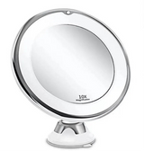 Circular magnifying mirror with LED lighting and suction base.