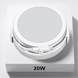 Circular white electronic device labeled ’20W’ on its base.