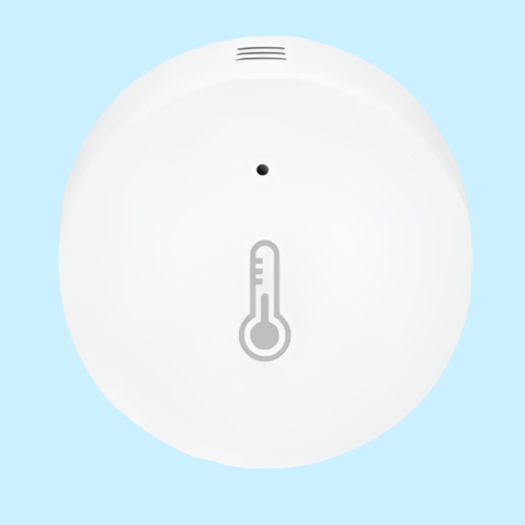 Circular white temperature sensor or thermostat with a thermometer icon.