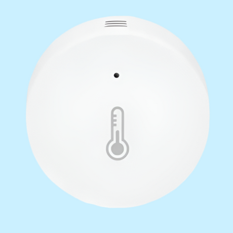 Circular white temperature sensor or thermostat with a thermometer icon.