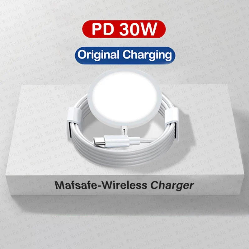 Circular white wireless charger with an attached cable, labeled as ’Mafsafe-Wireless Charger’ and ’PD 30W’.