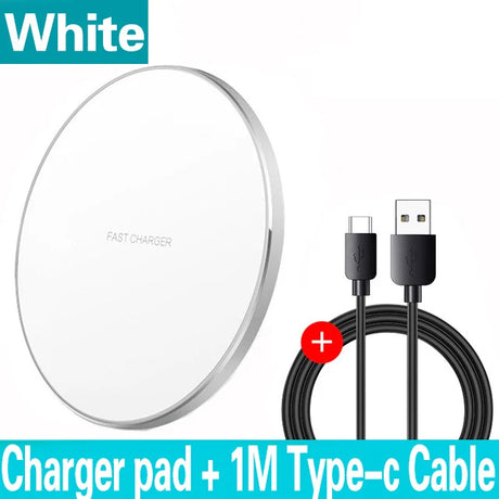 Circular white wireless charging pad for smartphones.