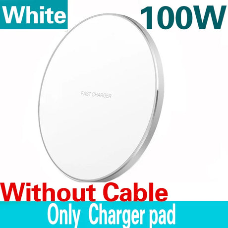 Circular white wireless charging pad for electronic devices.