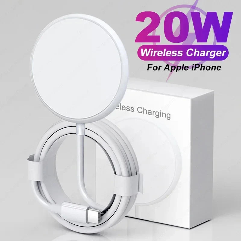 Circular white wireless charging pad with an attached cable for Apple iPhones.