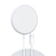 Circular white wireless charging pad with attached USB-C cable.