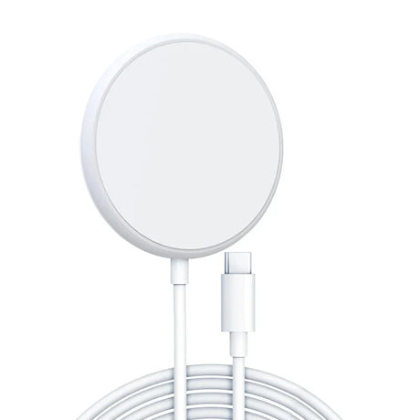 Circular white wireless charging pad with attached USB-C cable.