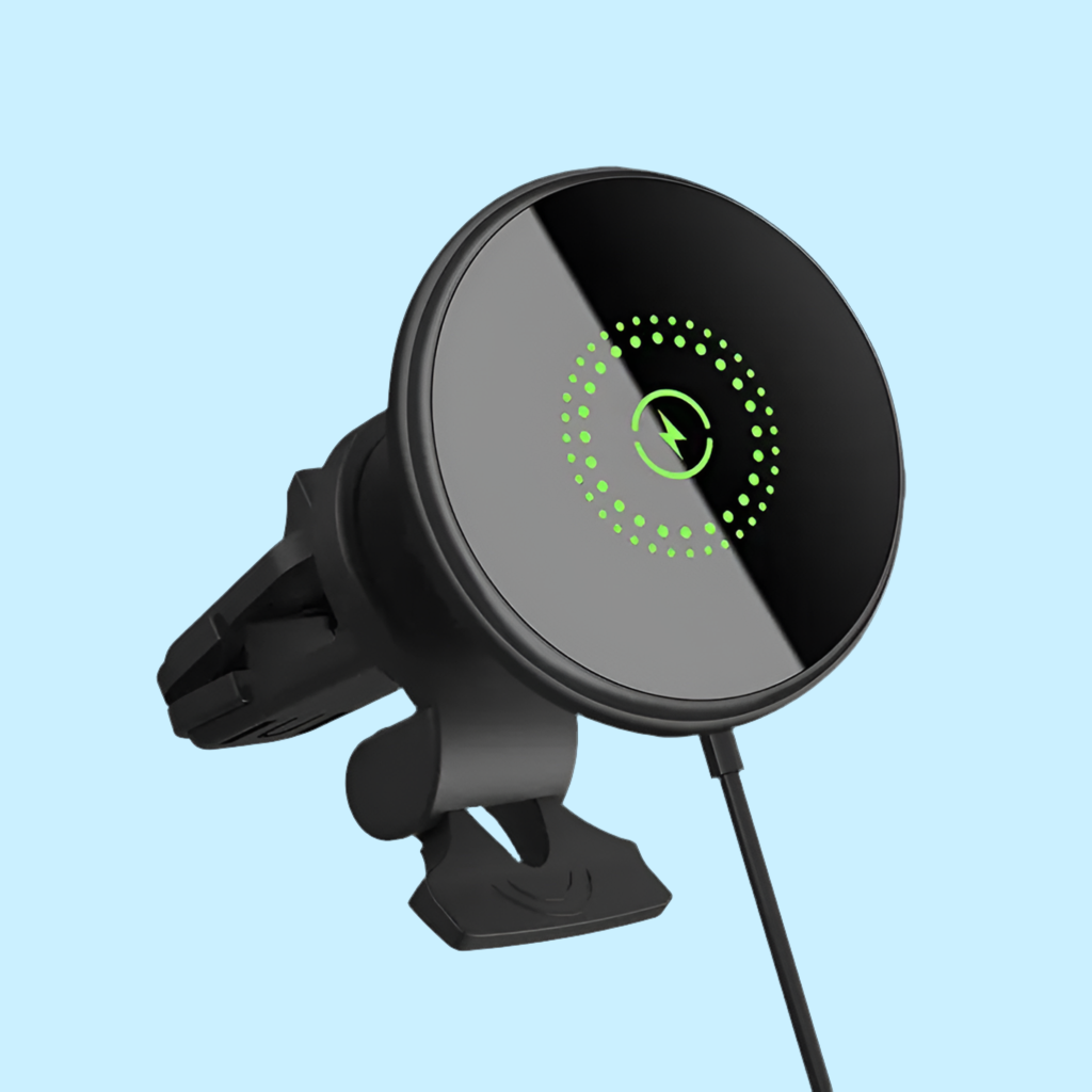 Circular wireless charging device with a green illuminated ring on its face.