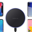 Circular wireless charging pad with a black surface and blue illuminated edge.