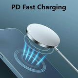 Circular wireless charging pad with a glowing blue effect connecting to a smartphone.