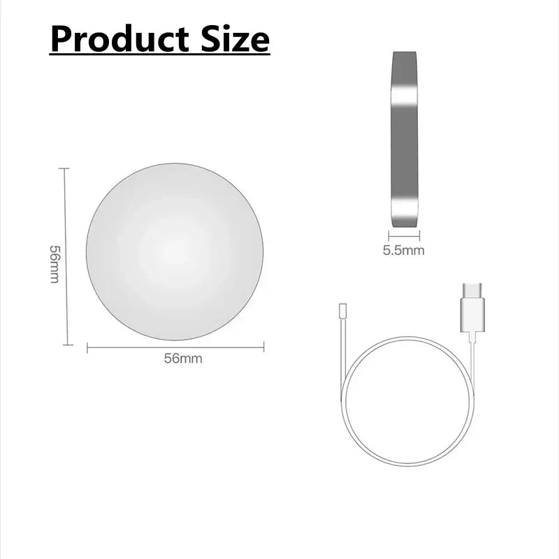 Circular wireless charging pad with its dimensions and cable shown.